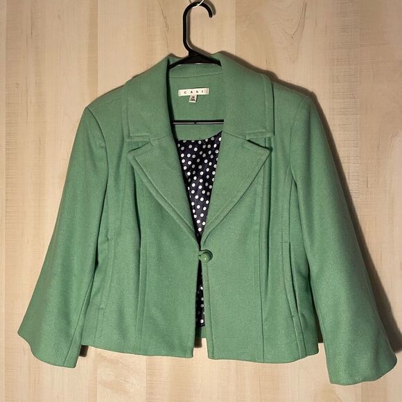 CABi green wool‎ jacket blazer with navy polka dot lining, size medium - Picture 4 of 15